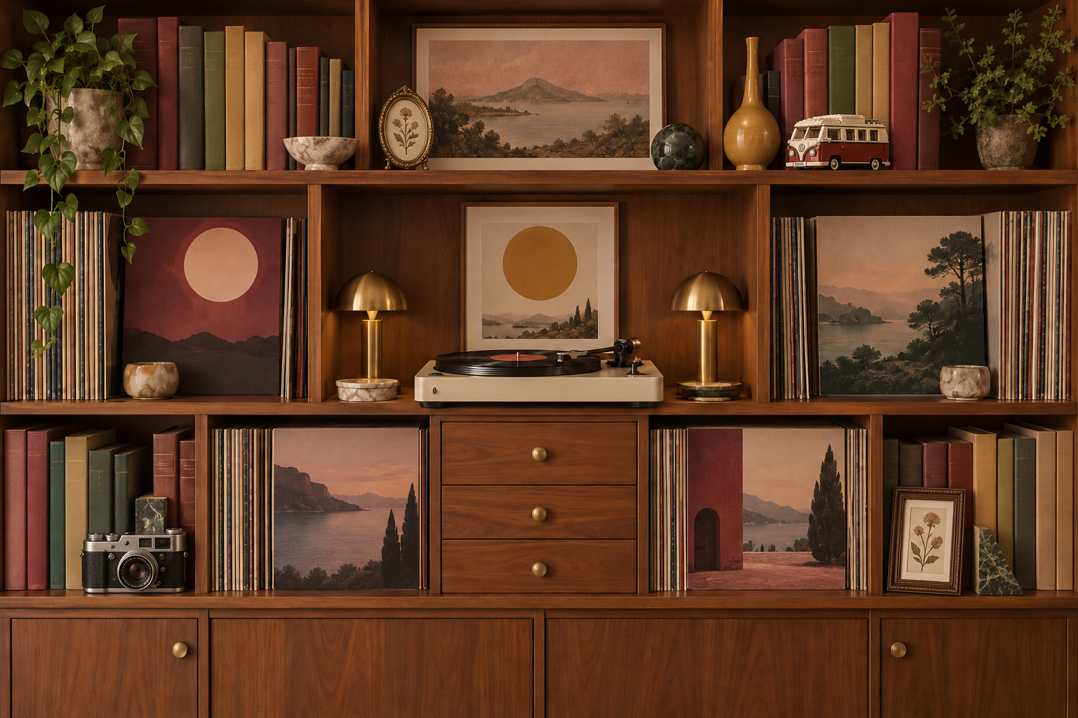 A walnut bookshelf with books, a record player, warm lamps, plants, vintage frames, a camera and a small camper.