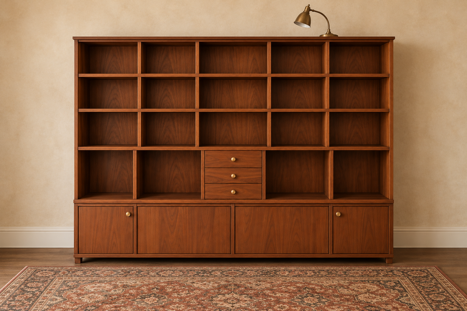 A full walnut library cabinet with nineteen empty compartments, three central drawers, a brass reading lamp on top and a vintage carpet on the floor.